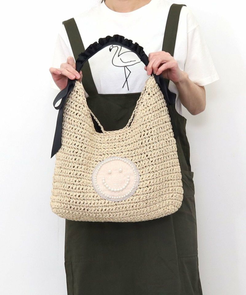 SMILEY 珍珠刺繡荷葉邊提手紙籃袋